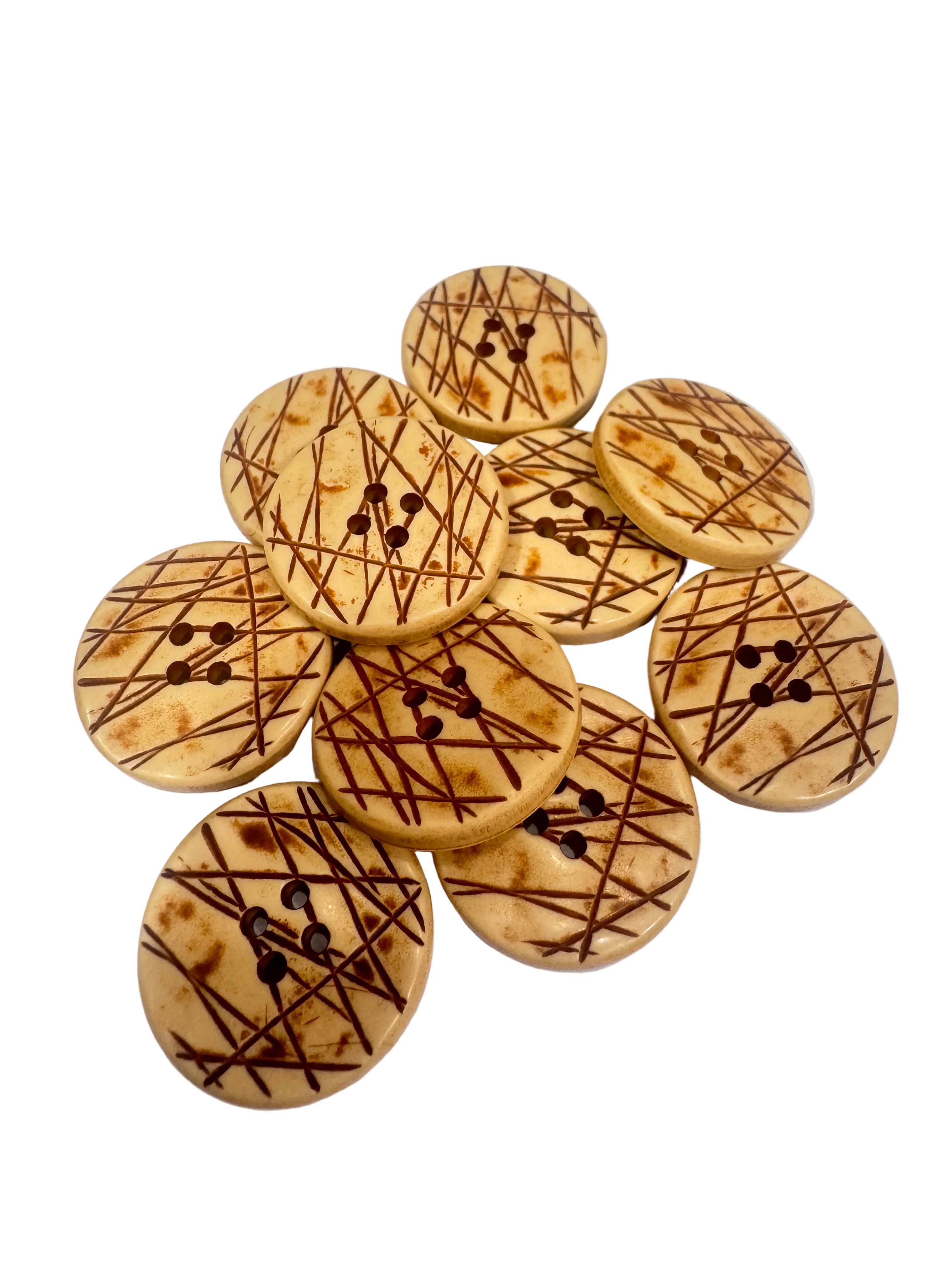 40L (25mm) Cream & Brown Etched Resin Buttons – 4 Hole, Matte Finish
