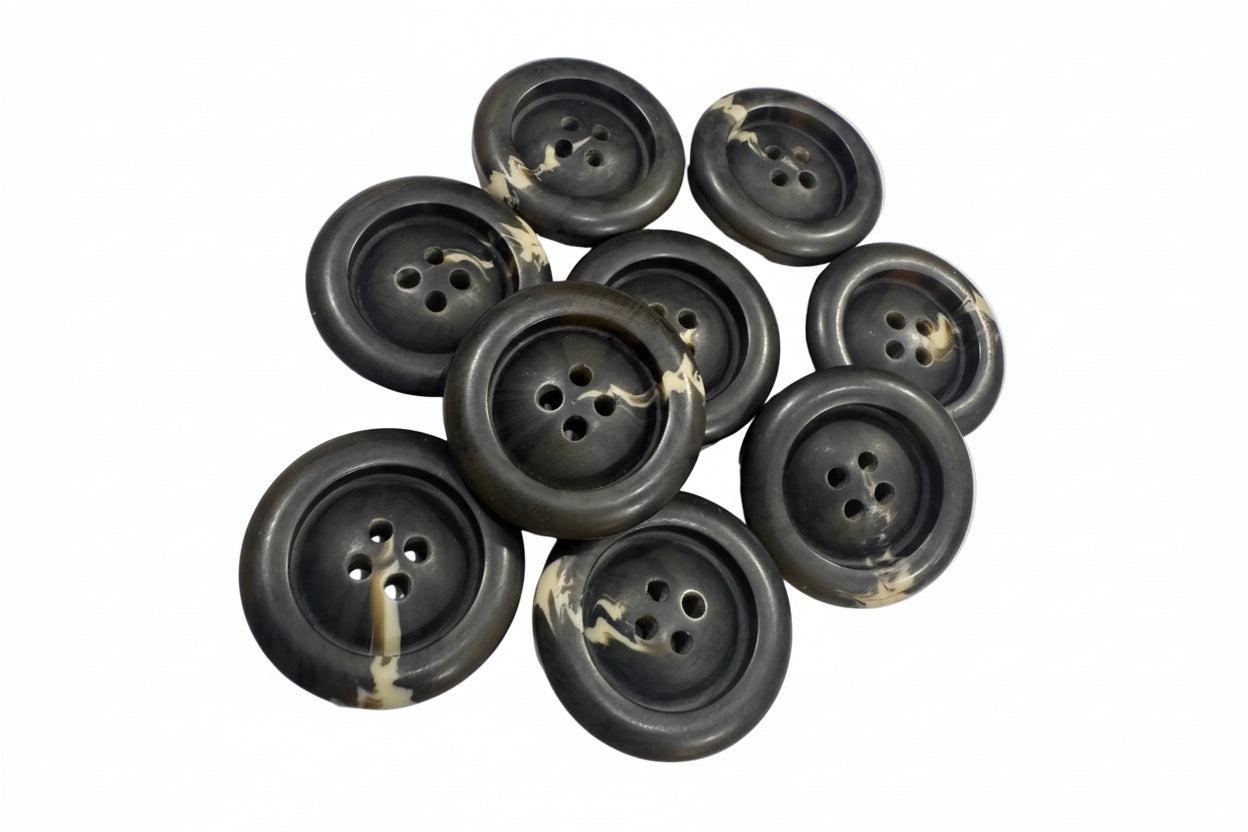 48L (30mm) Matte Charcoal & Cream Marbled Buttons – 4 Hole, Soft Finish